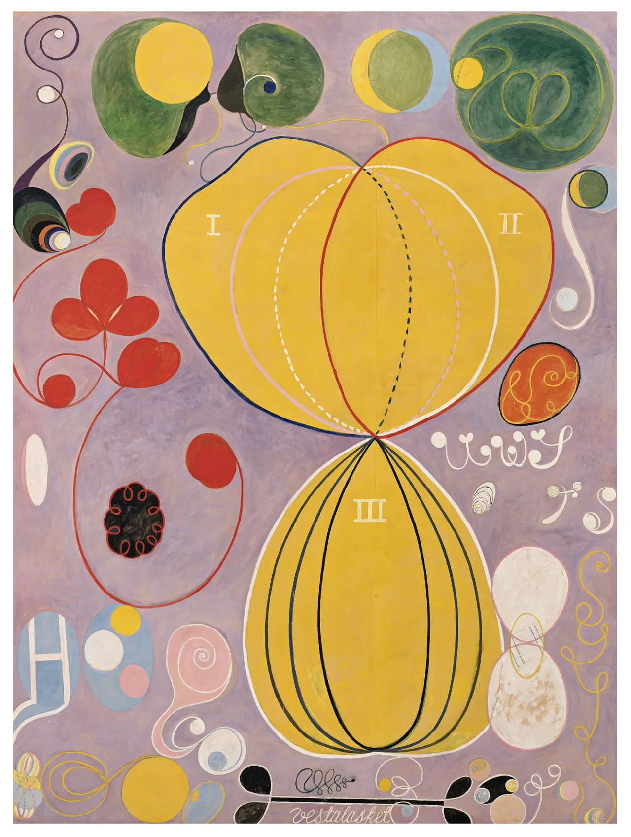 Large purple abstract painting filled with circles, looping lines, floral forms, and handwritten marks