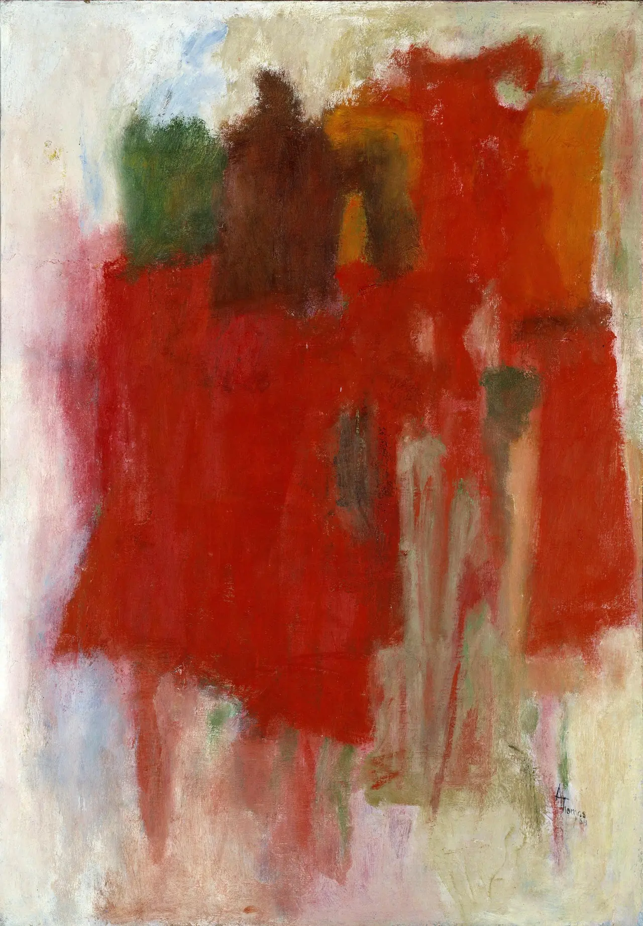 Vertical abstract oil painting with a dense central mass of red, orange, brown, and green overlaid by vertical black strokes, surrounded by pale, thinly painted edges.