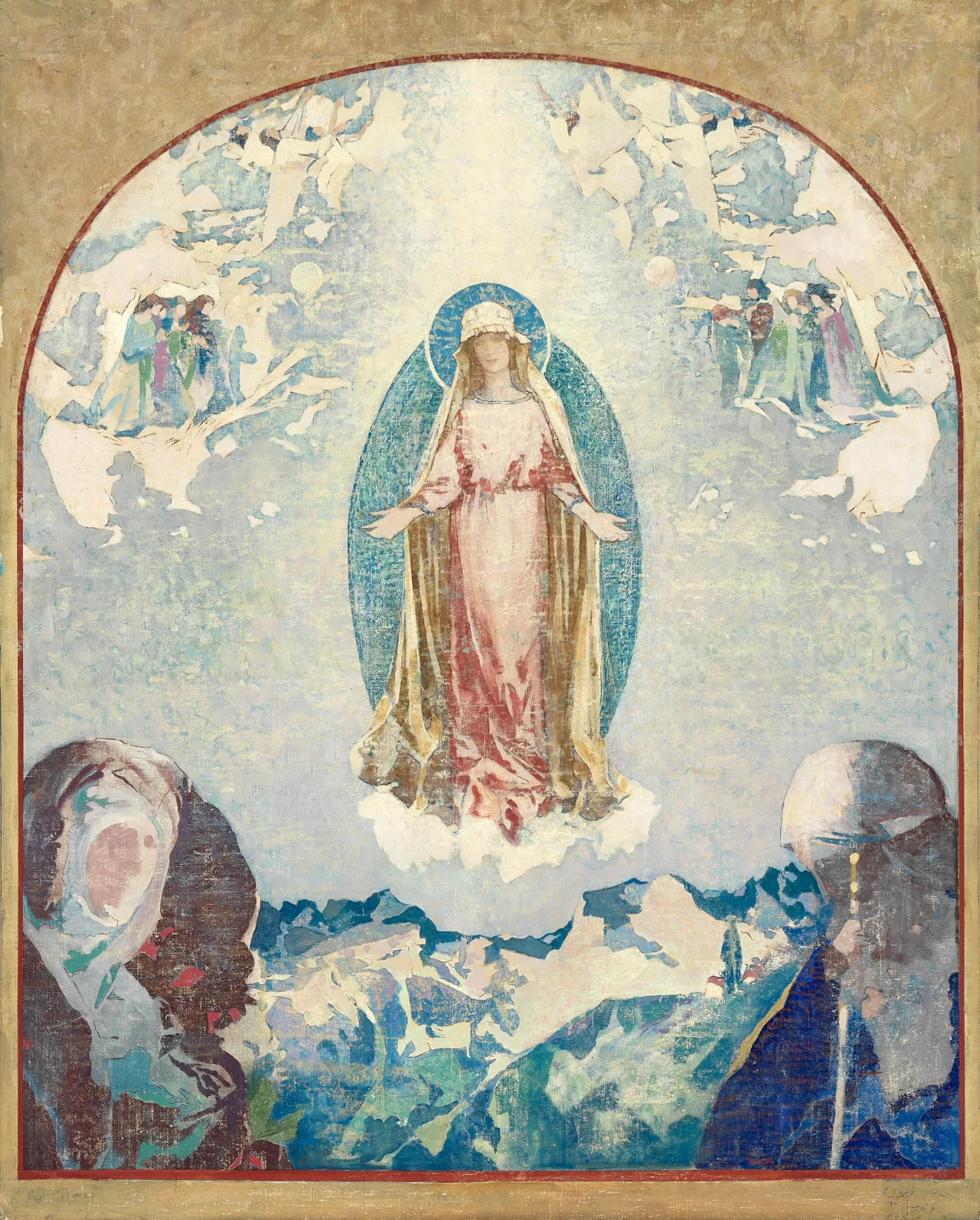 A vertically arched painting shows a robed woman in pink and tan standing on a cloud within a pale blue oval, above jagged blue mountains and between small dark foreground figures, under a mottled cream and blue sky.