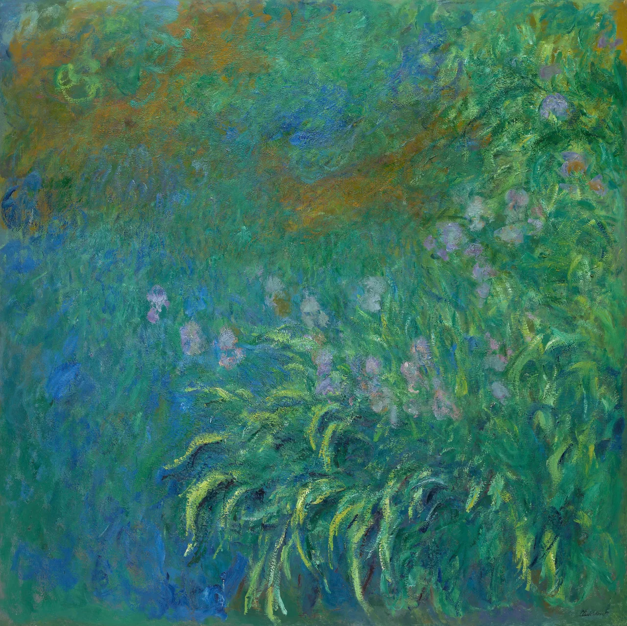 Near-square painting of purple irises and curved green leaves dissolving into a dense blue-green field