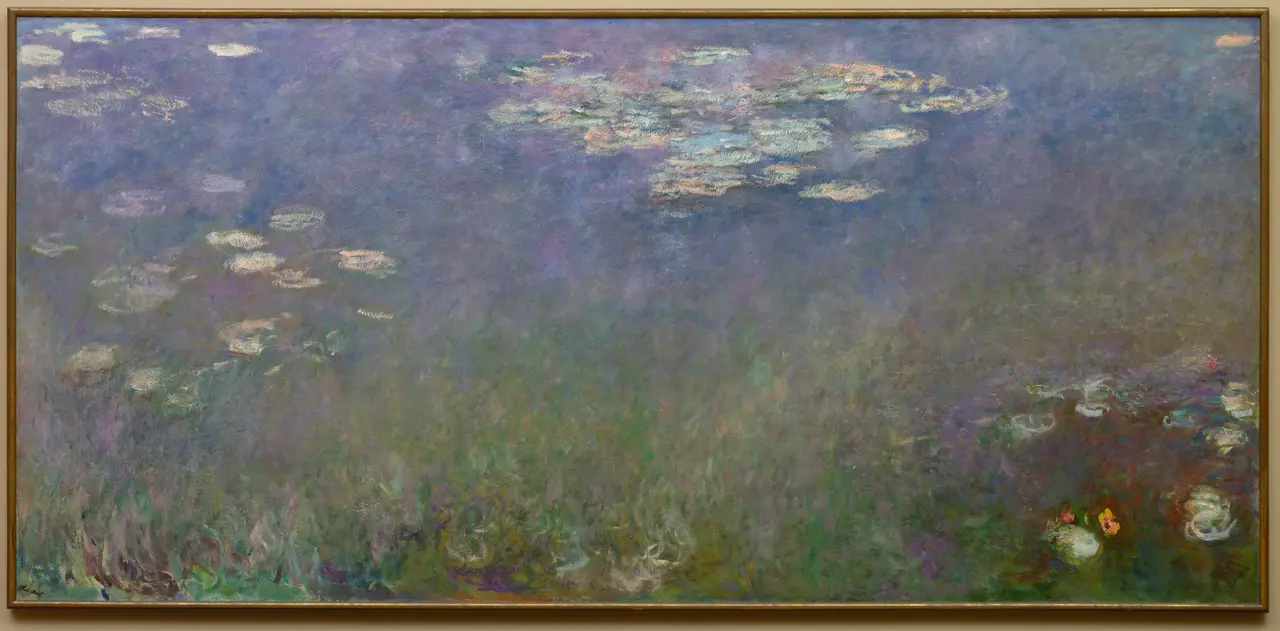 Long framed painting of a blue-violet pond with pale water-lily clusters, green submerged strokes, and no horizon