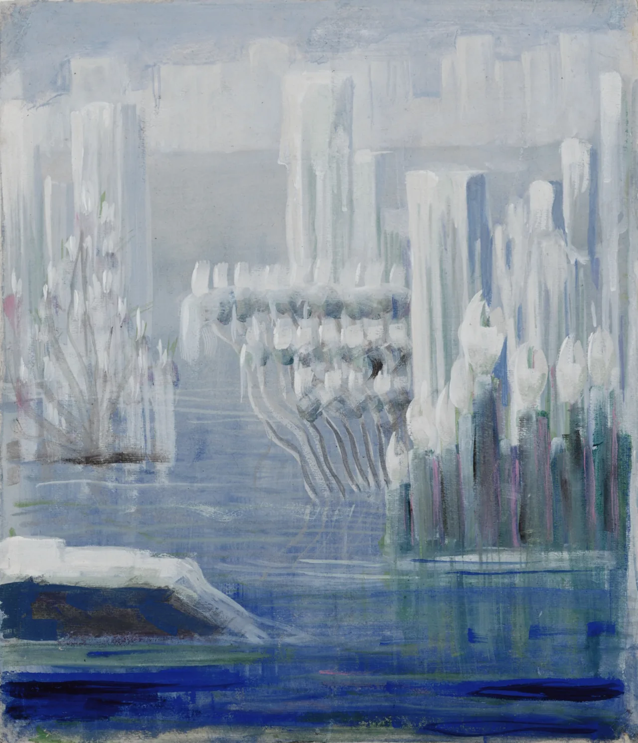Pale vertical forms rise above bands of blue and green beneath a cloudy white field.