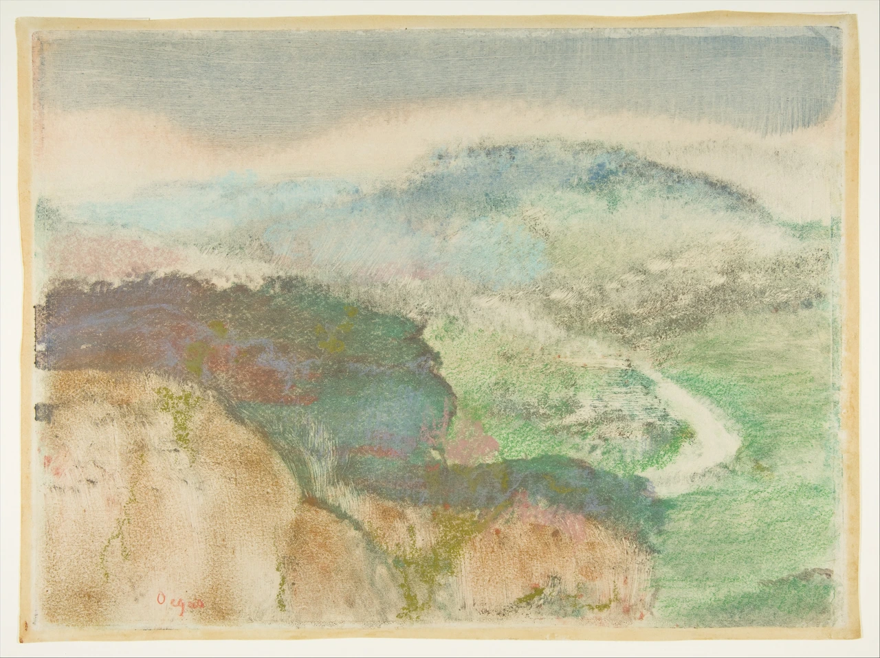 Horizontal monotype landscape with a grey streaked sky, a broad blue-green hill, an ochre slope at lower left, green fields and a pale winding band at right, dotted with small pink and red flecks.
