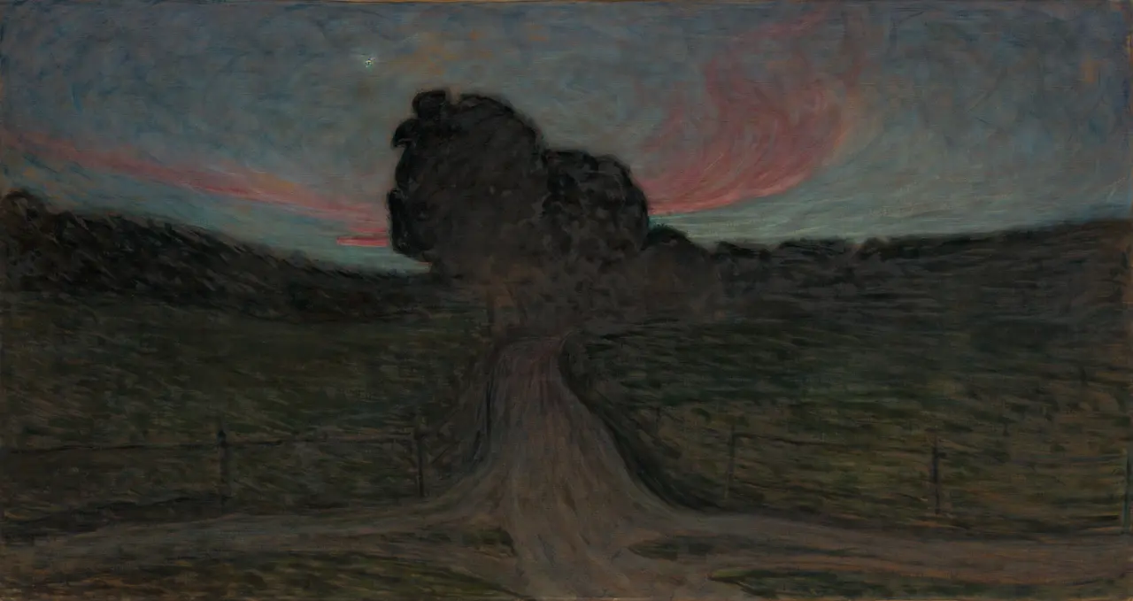 Wide horizontal oil painting of a dusk landscape with a forking dirt path in the foreground, a dark clump of trees at center against a narrow pink sunset band, and a swirling blue sky with a single pale evening star at upper left.