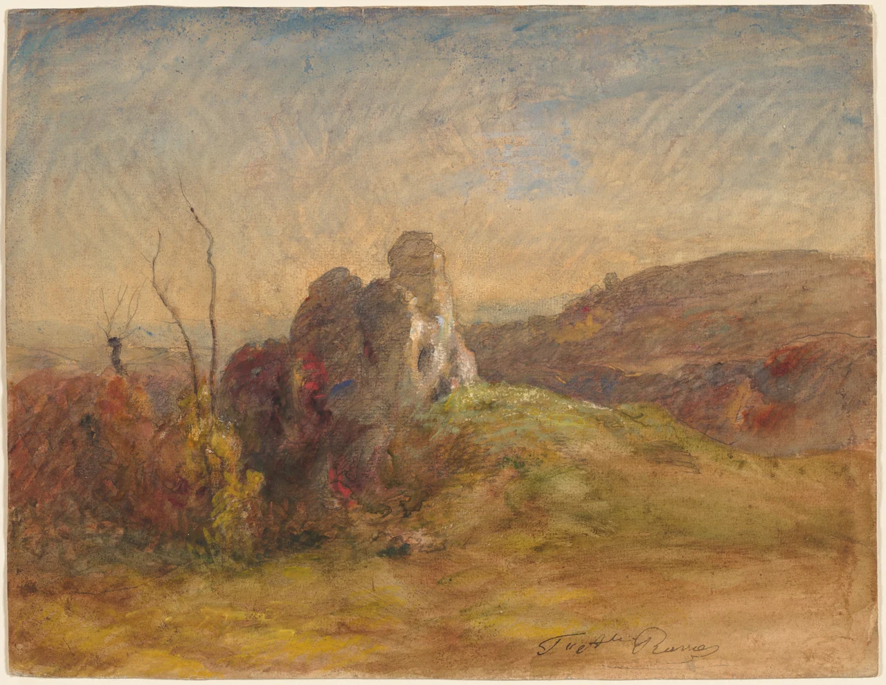 A low stone ruin on a brown-green hill, with two bare trees and red foliage beneath a streaked blue and tan sky.