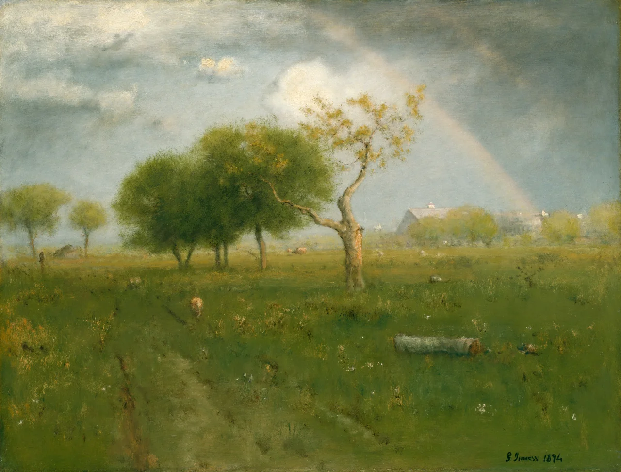Oil painting of a broad green field under a cloudy sky with a faint rainbow, a leaning tree with sparse yellow leaves, a clump of dark green trees, a worn path with a sheep, and a distant barn.