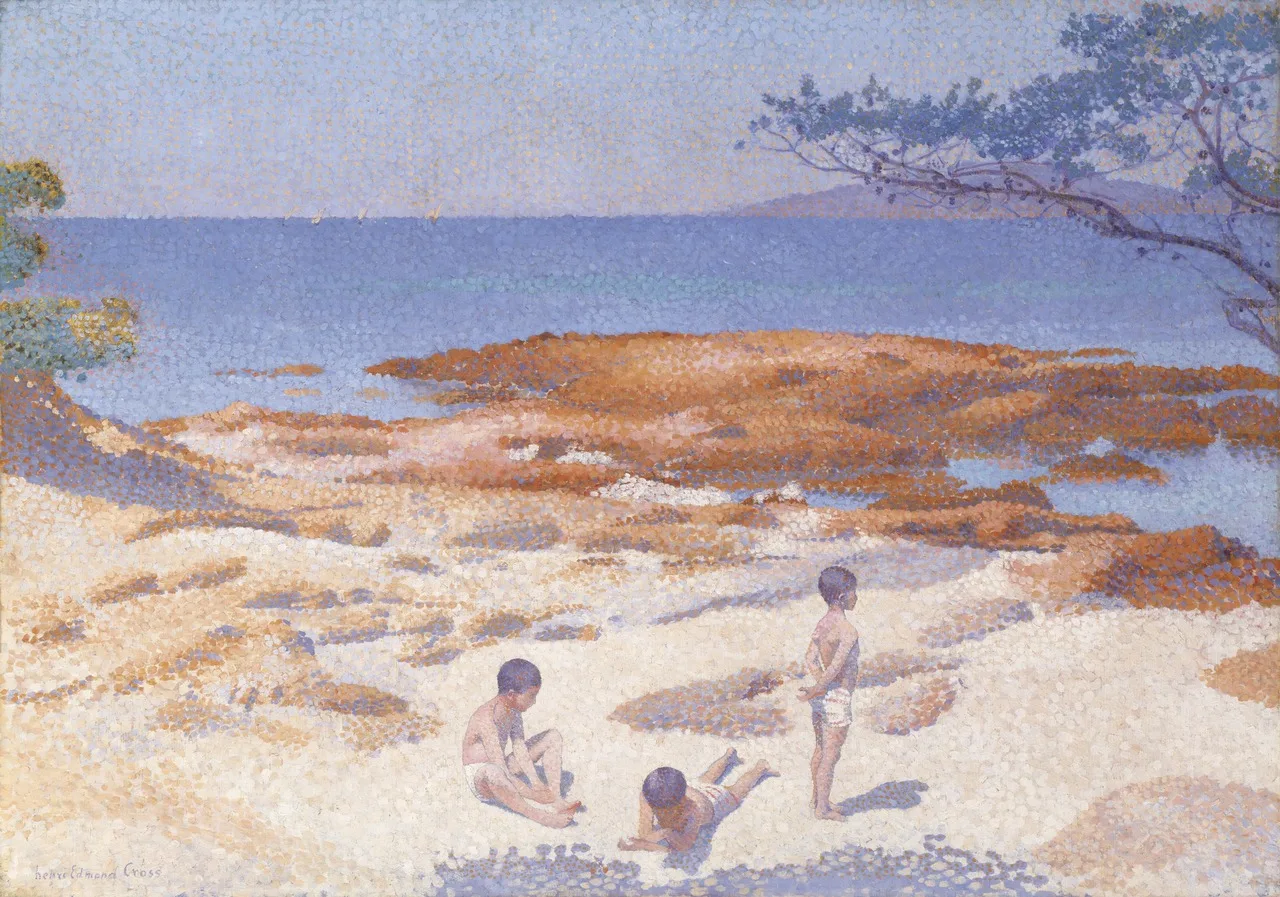 Low horizontal beach scene with pale sand, turquoise water and hazy sky built from small separate dashes of color, with no hard outlines.
