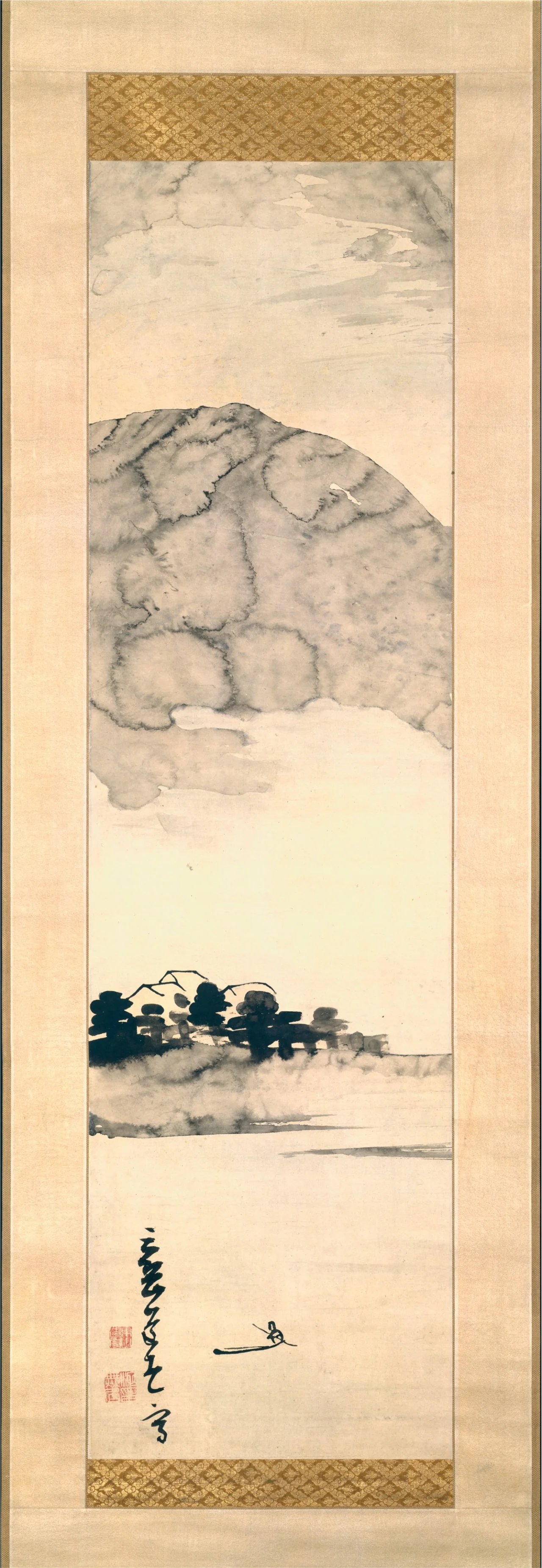 Tall mounted ink landscape with a pale mountain, a dark band of trees, and a small boat on open water