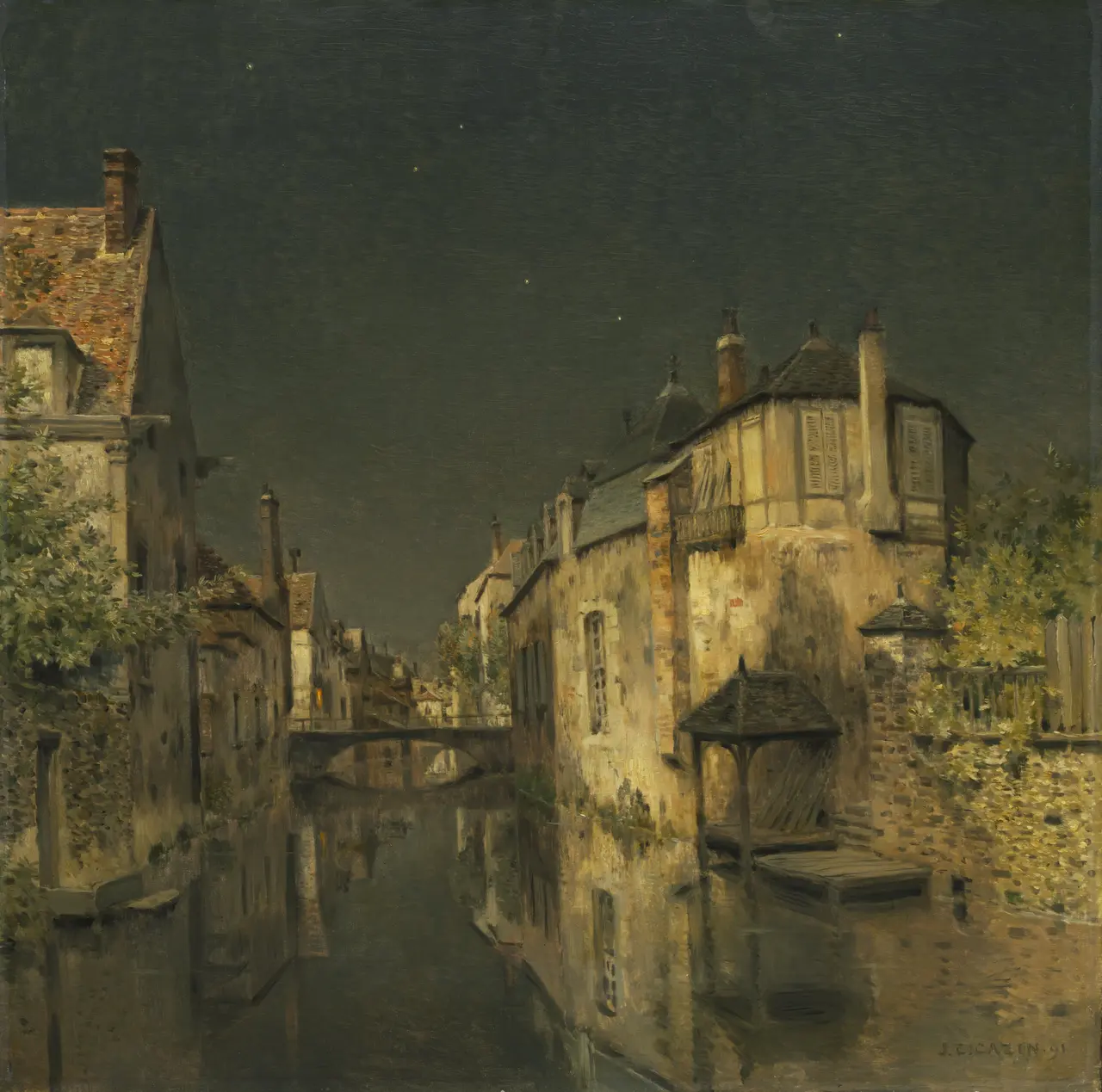 A square nocturnal painting of a narrow canal with dark water reflecting tan stone walls and chimneys, a small wooden shelter on a dock, foliage in deep shadow, a distant stone arch and five faint stars in a grey sky.