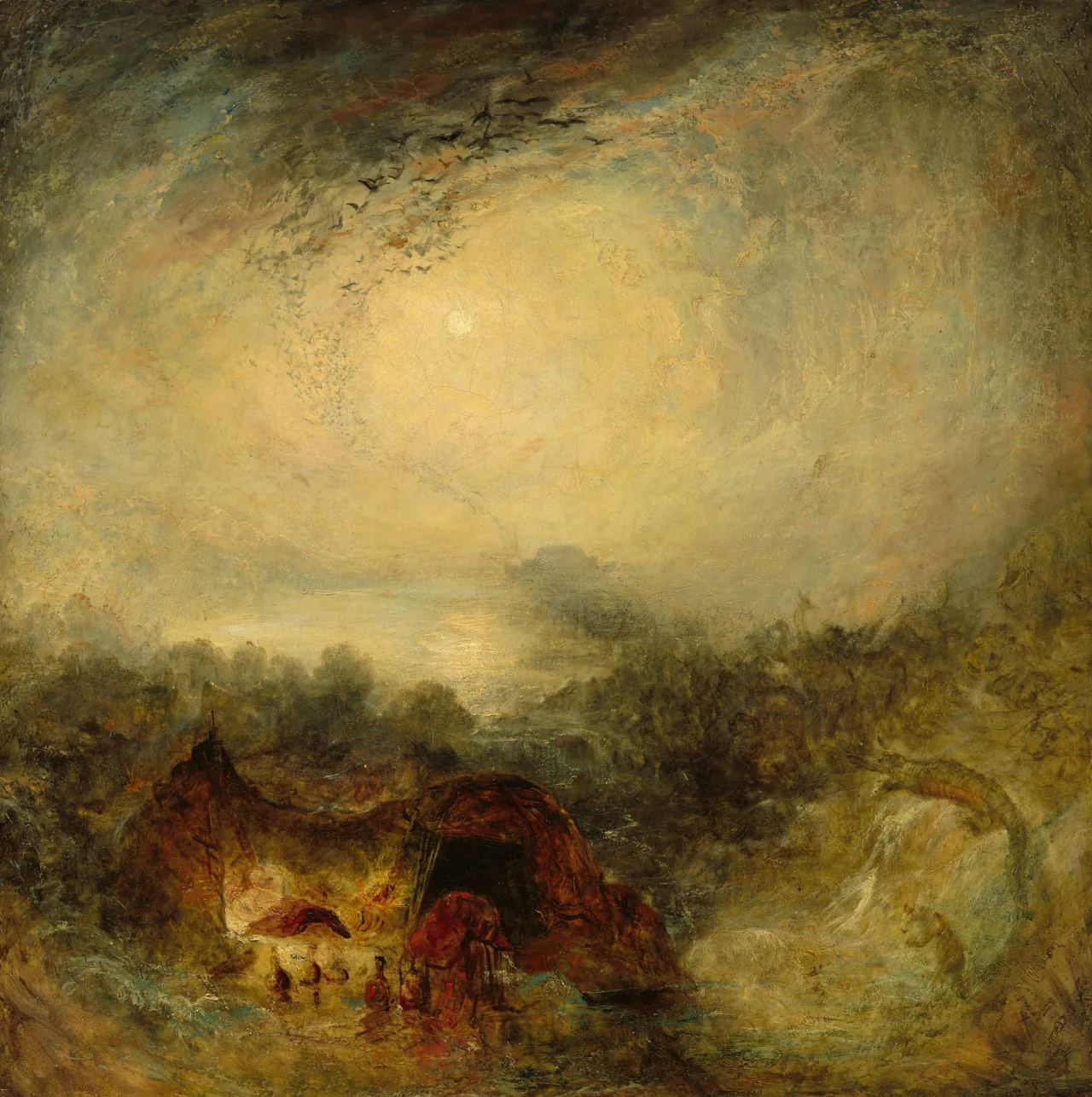 A pale circular light and a spiral of dark birds above indistinct animals, figures, and an ark in a storm.