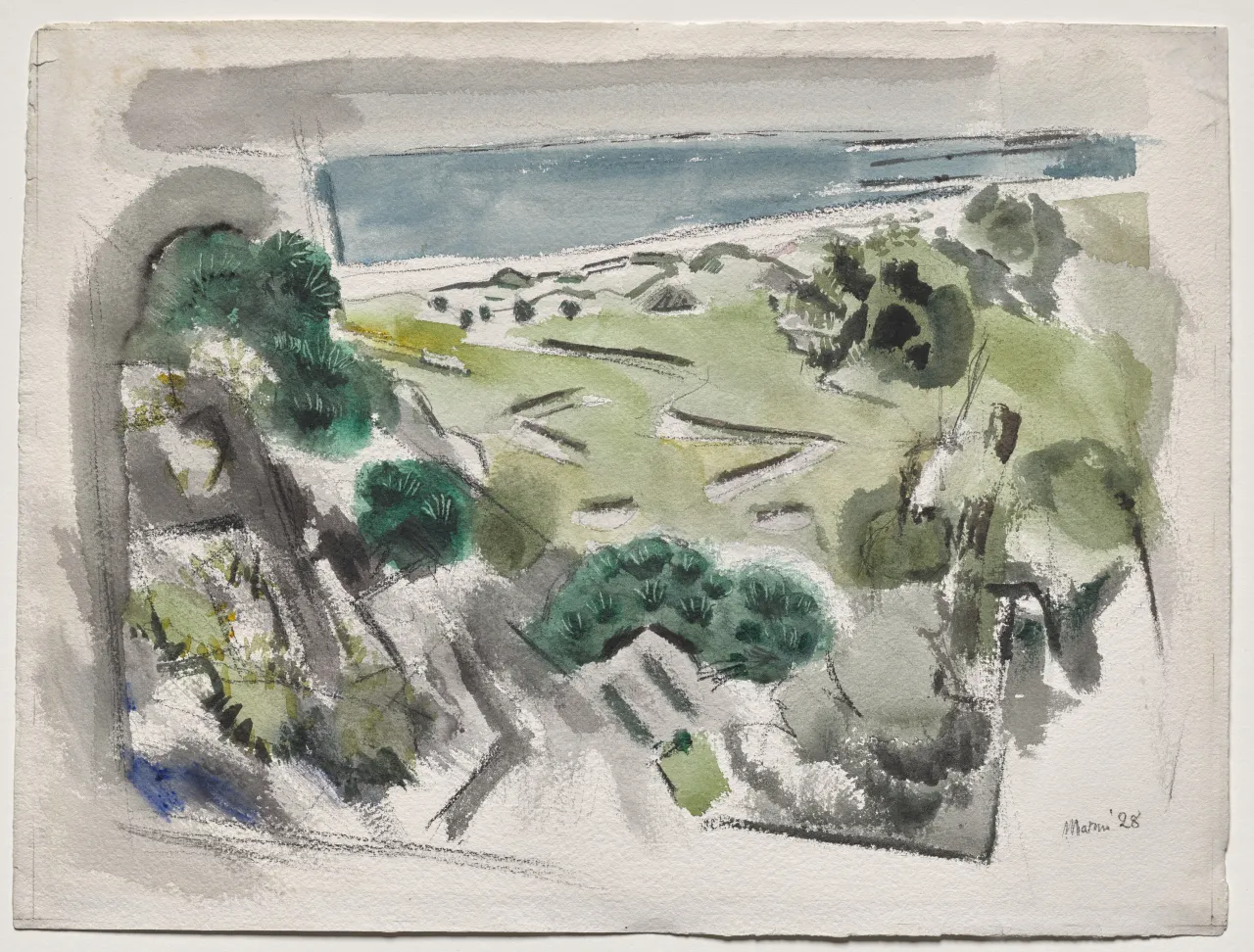 Watercolor with a pale, angular mountain and cove at center surrounded by heavy irregular black charcoal and inky wash that frames the light, with thin scraped white lines through the dark