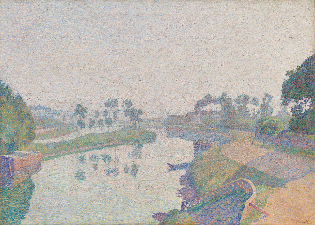 A pale river between low banks, with bare trees, small boats, and separate blue, pink, yellow, and green strokes.