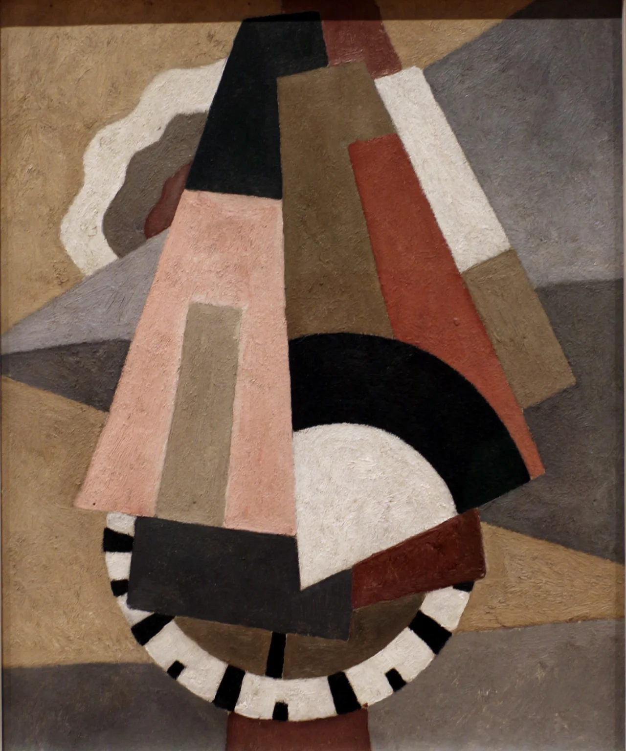 Muted pink, gray, brown, black, and white geometric forms overlap around a large striped circular shape.