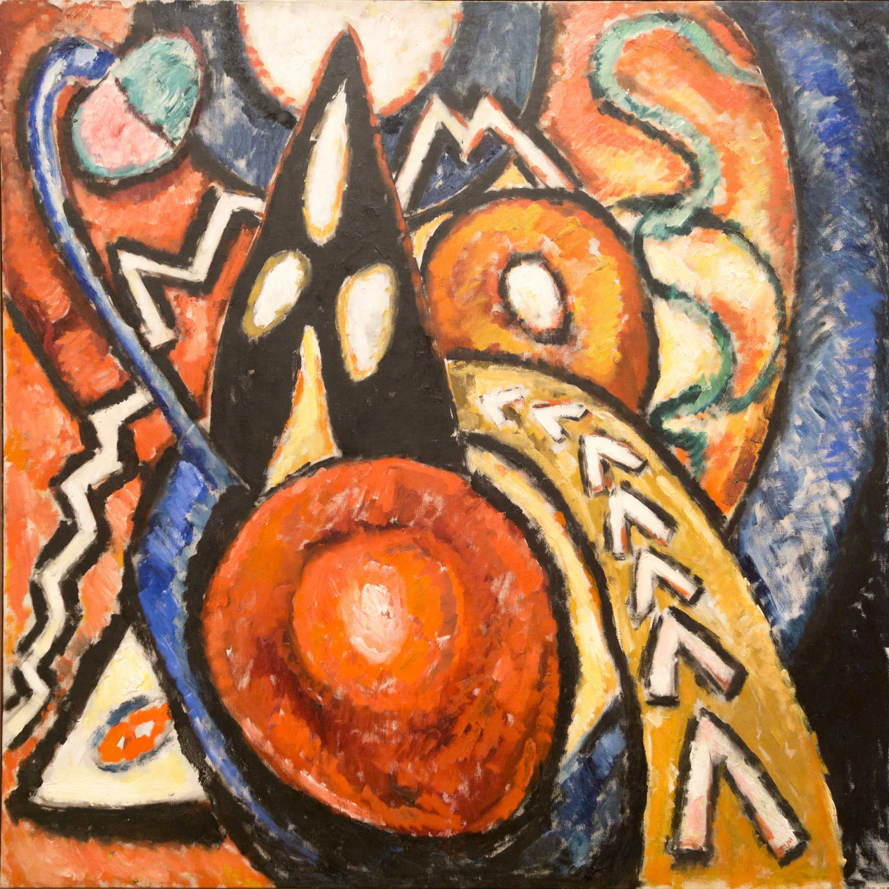Abstract painting with a large red circle, black peaks, white zigzags, blue bands, and curved green forms.