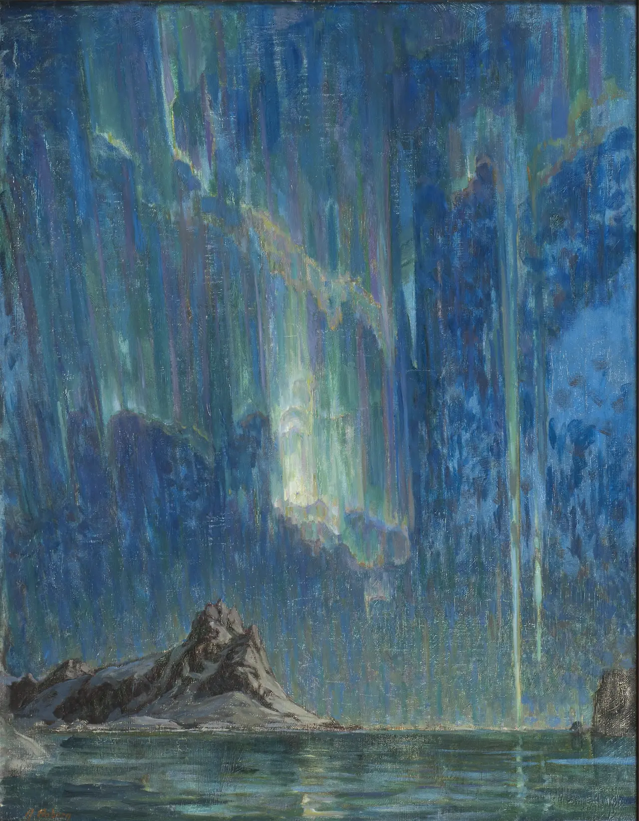 Vertical bands of blue, green, violet, and white northern light above dark mountains and water