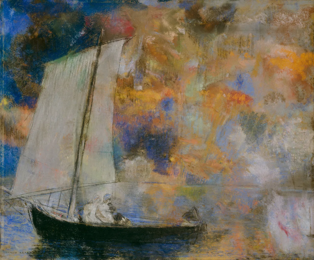 A dark sailboat with two pale figures and a tall white sail sits beneath blue, tan, orange, and violet pastel marks