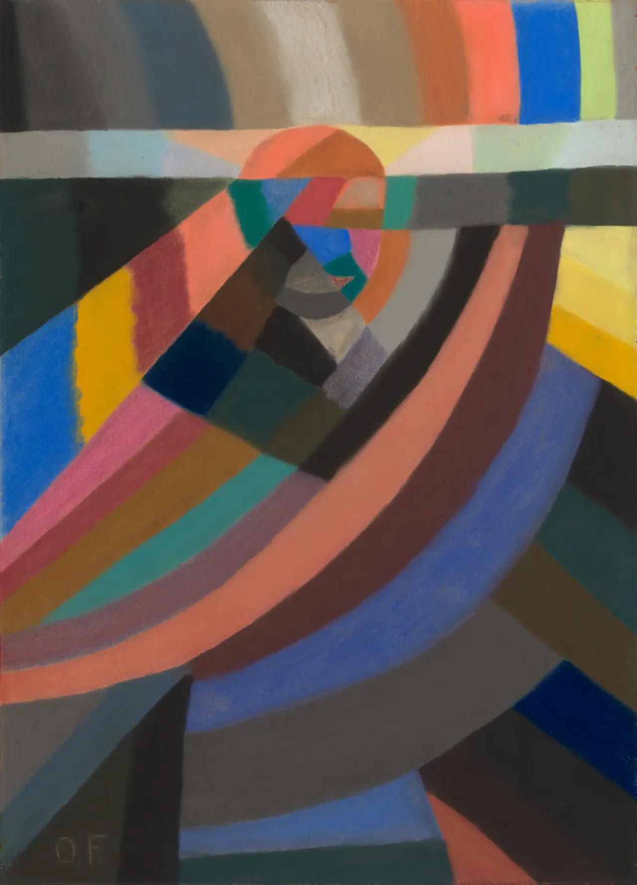 Pastel abstraction with interlocking polygons, vertical bands at top, a small orange circle near center, and broad peach and red arcs sweeping to lower right on a vertical sheet.
