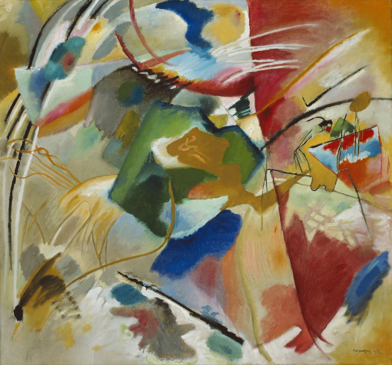Abstract oil painting with a dark green central form, an ocher shape, red and blue areas, and sweeping black and yellow lines.