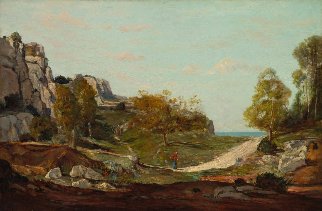A rocky coastal landscape under a pale blue-green sky, with a bright winding road, scattered trees, small figures, and a thin strip of blue sea in the distance.