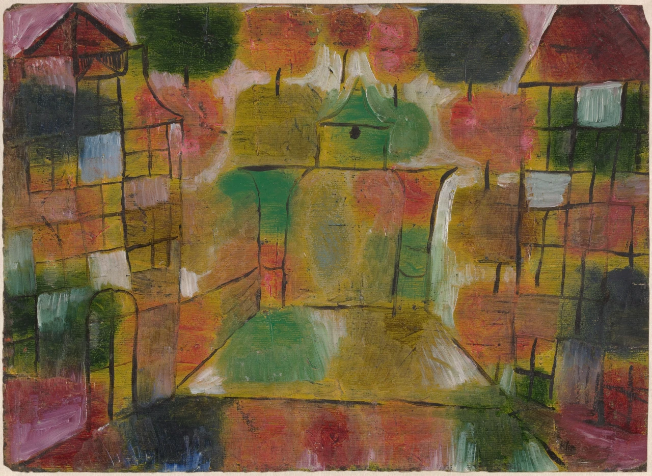 An abstract horizontal image with gridded buildings, roof-like triangles, and overlapping fields of green, red, yellow, pink, and black.