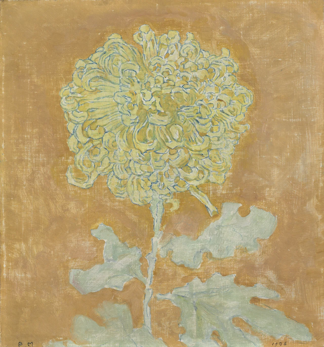 A single pale yellow chrysanthemum with a green stem and leaves centered on a textured ochre ground with visible vertical and horizontal brush strokes.
