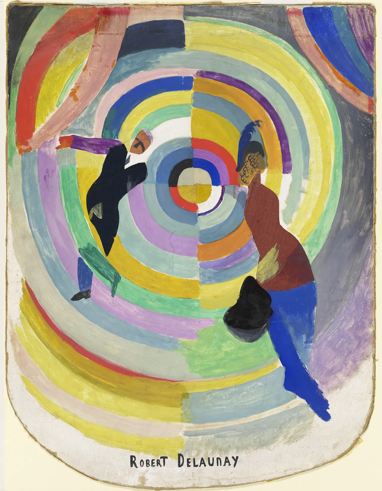 A man and woman against concentric rings of yellow, blue, red, green, and violet.