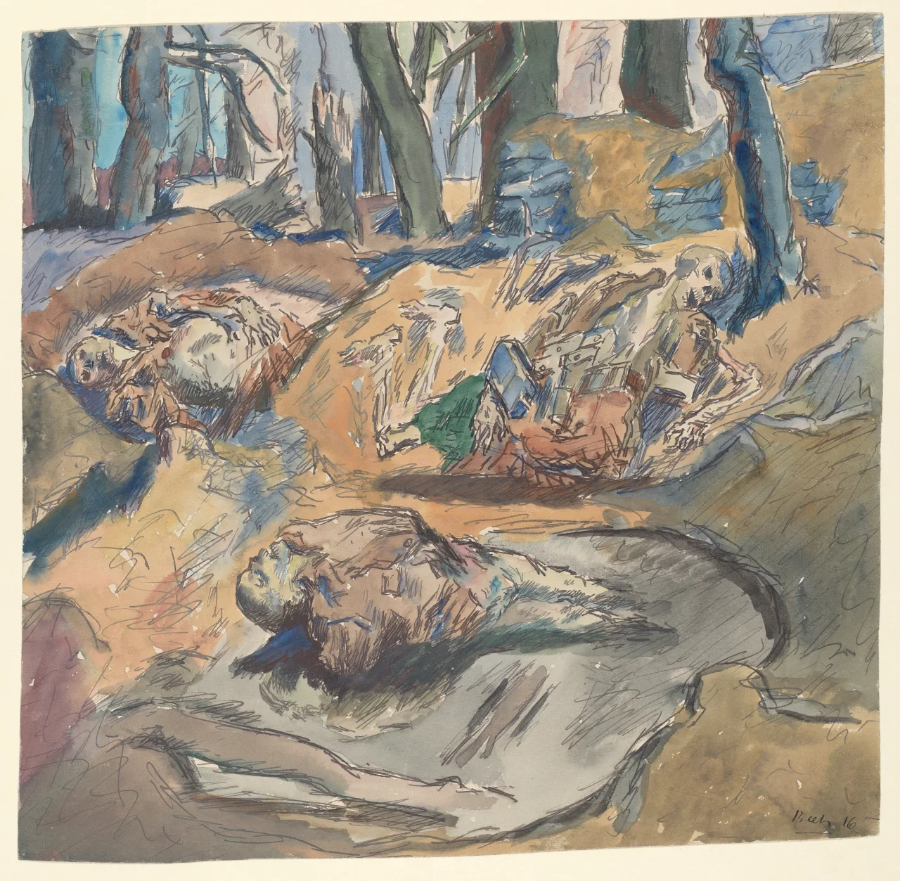 Three dead soldiers lie among trees and broken ground drawn in blue, ochre, green, and black.