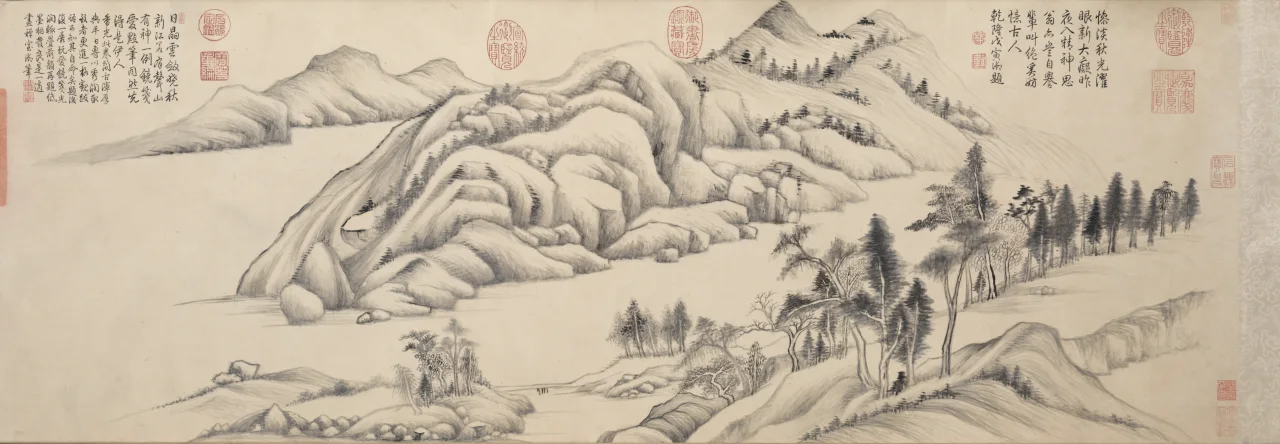 Long ink handscroll of layered mountains, riverbanks, trees, calligraphy, and red collector seals