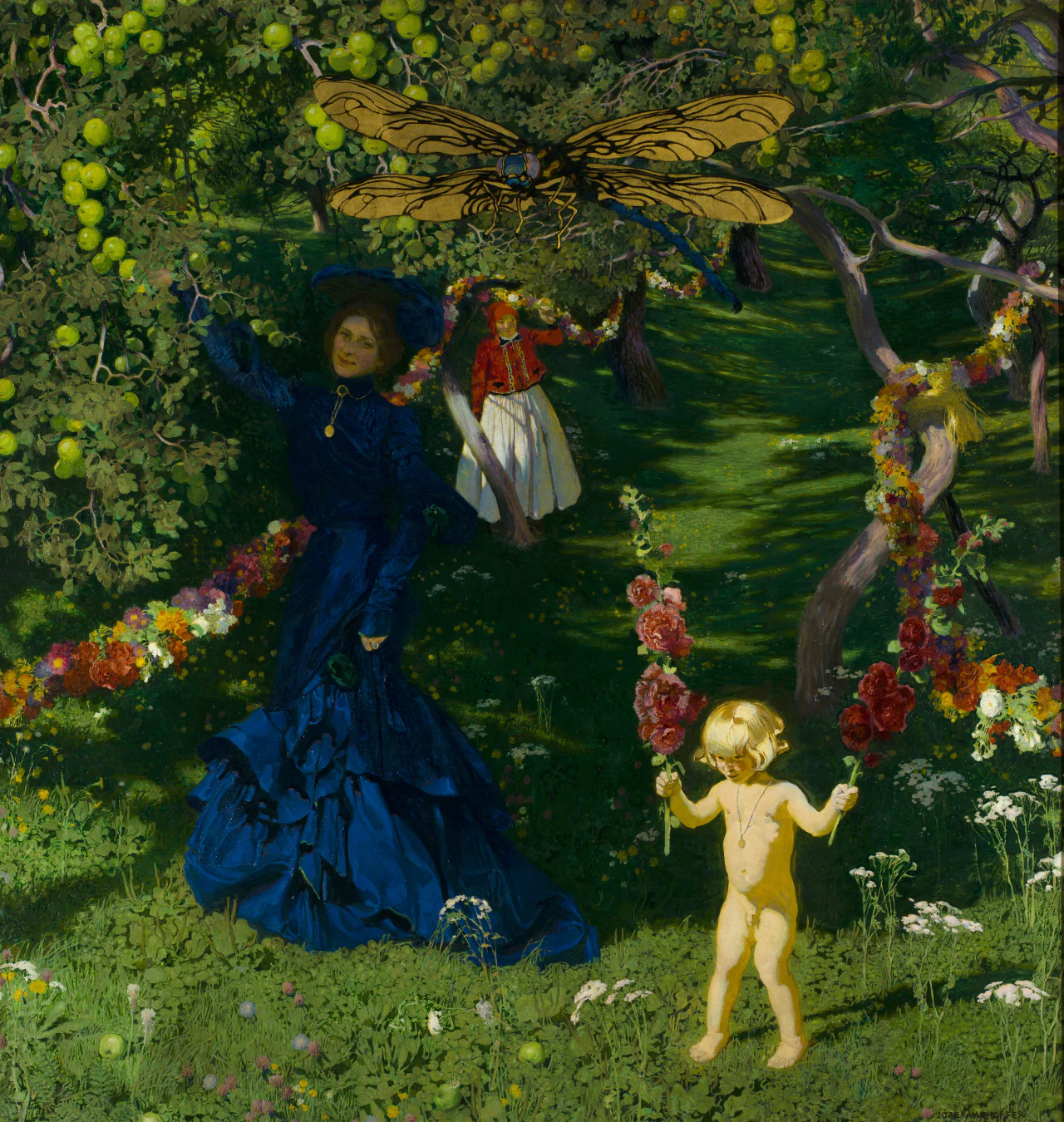 A woman in blue, a nude child, and a girl stand in an apple garden beneath an enormous golden dragonfly.