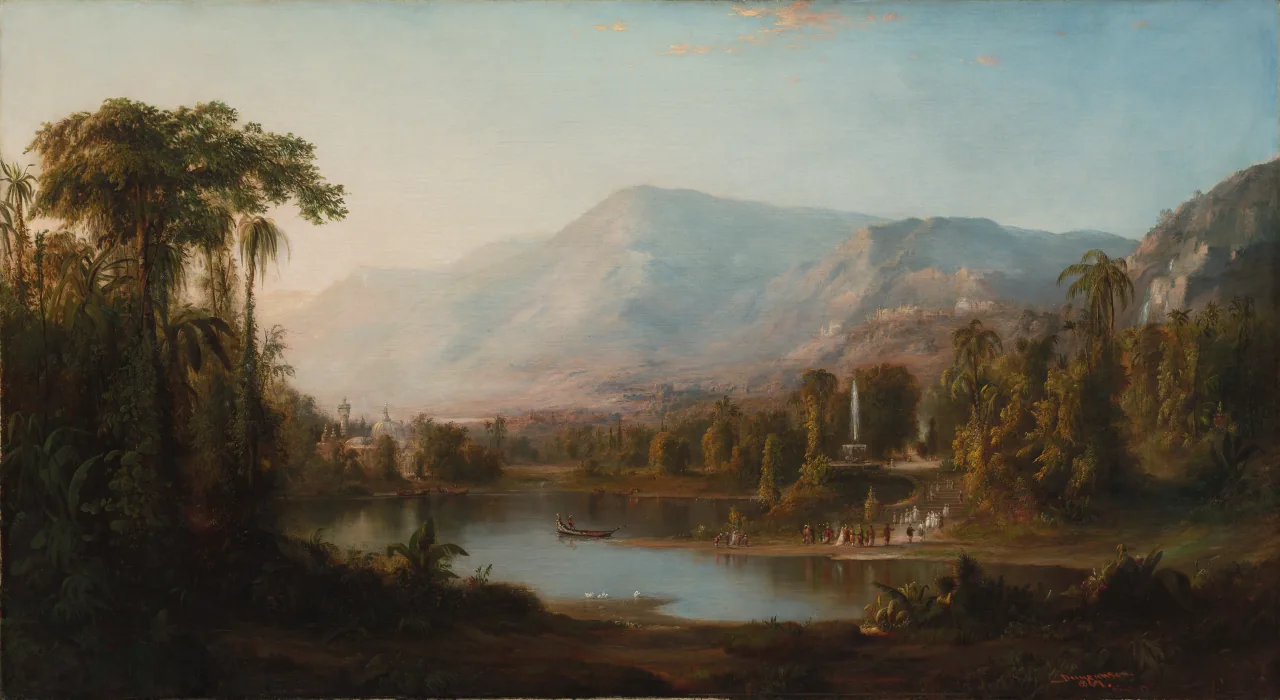 A broad mountain valley with a lake, distant palace, high fountain, and small procession ascending steps among palms