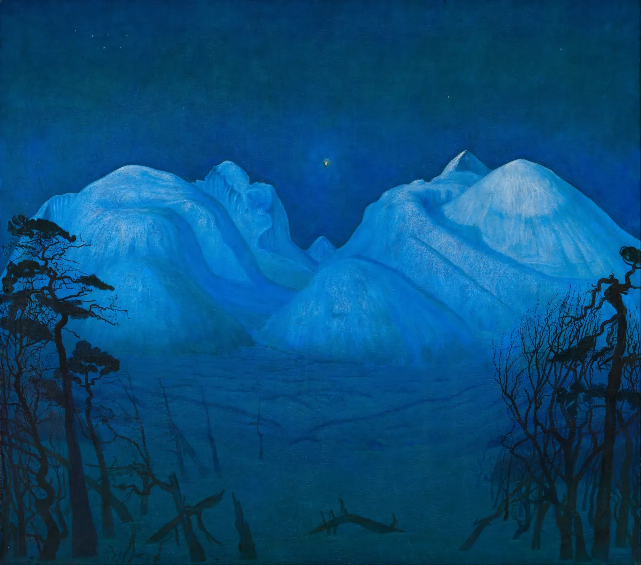 Blue winter mountains beneath a star-filled night sky
