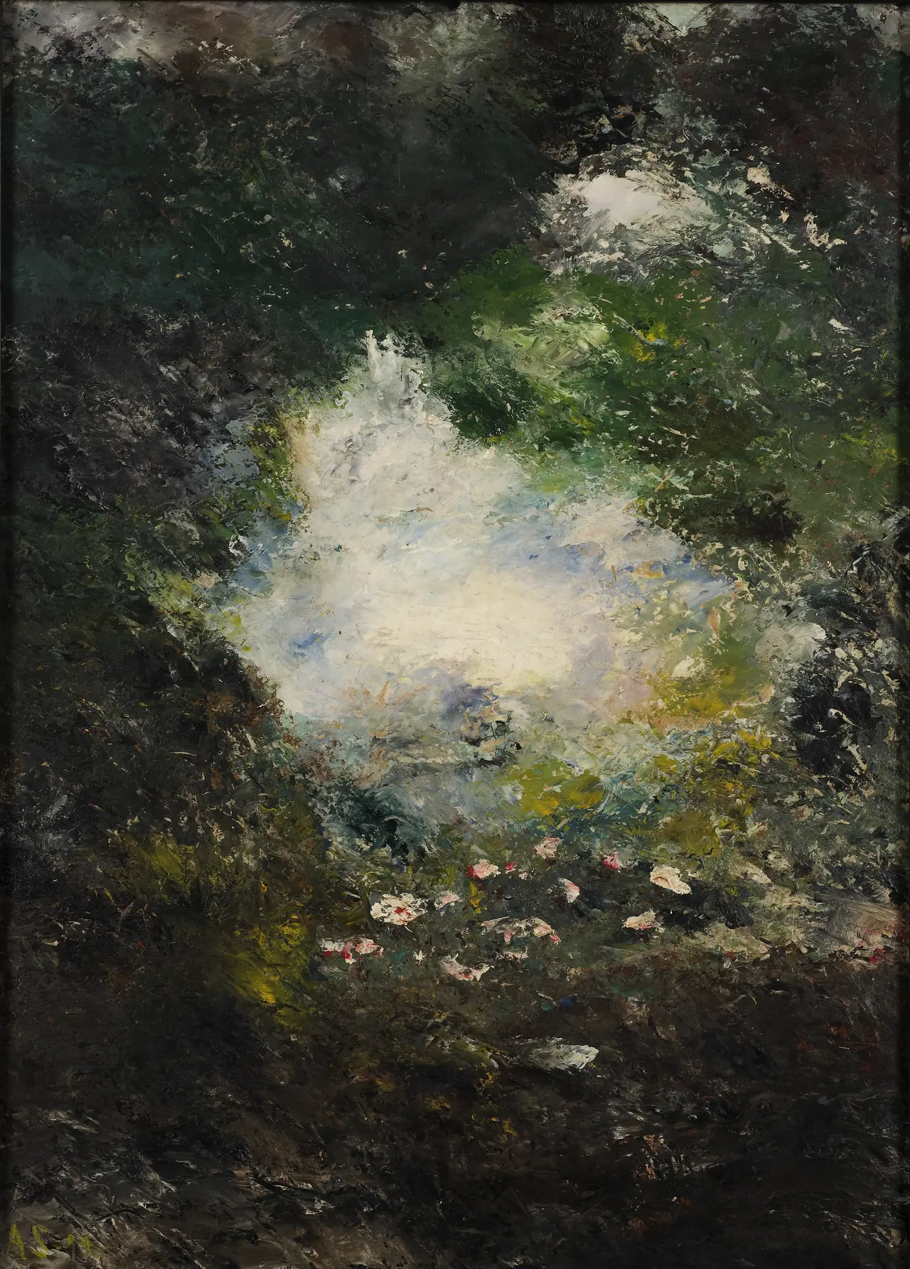 Dark green and black painting with a pale blue-white opening and small pink flowers near the lower center.