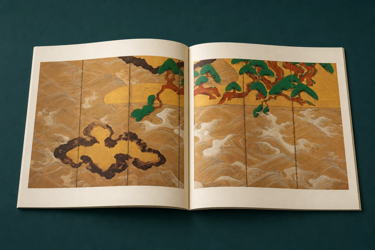 Open Lagoon Issue 01 showing waves, rocks, and pine trees across a two-page spread