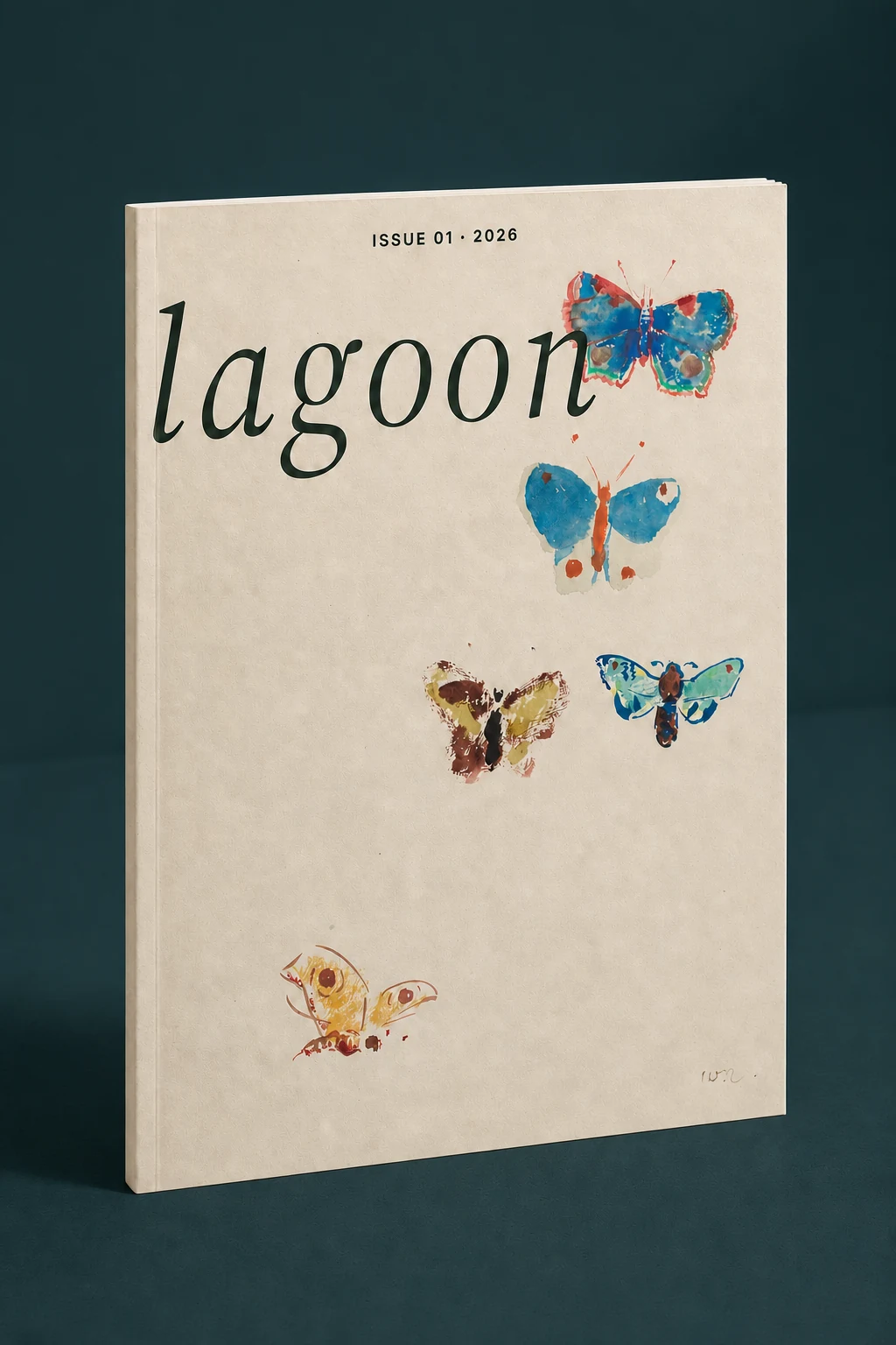 Lagoon Issue 01 standing against a deep blue-green background, with five butterflies painted by Odilon Redon on the cover