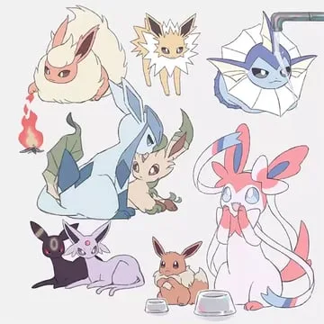 eevee, espeon, flareon, glaceon, jolteon, leafeon, sylveon, umbreon, vaporeon (pokemon) by mikripkm