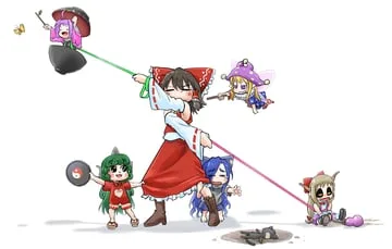 clownpiece, hakurei reimu, ibuki suika, komano aunn, sukuna shinmyoumaru, yorigami shion (touhou) by chamaji
