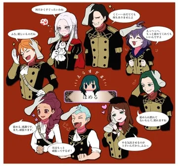 bernadetta von varley, byleth (female), byleth, caspar von bergliez, dorothea arnault, edelgard von hresvelg, ferdinand von aegir, hubert von vestra, linhardt von hevring, petra macneary (fire emblem: three houses) by nieto tokage