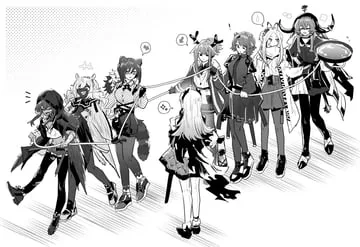 absinthe, firewatch, flint, heavyrain, irene, pallas, robin, tuye (arknights) by iwashi 80