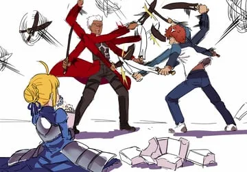 archer (fate), artoria pendragon (fate), emiya shirou, saber (fate) (fate (series), fate/stay night) by club3
