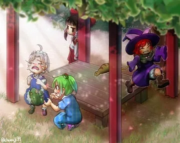 hakurei reimu, hakurei reimu (pc-98), hisou tensoku, izayoi sakuya, kirisame marisa, kirisame marisa (pc-98), kochiya sanae (story of eastern wonderland, touhou (pc-98)) by chamaji
