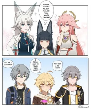 aether, caelus, feixiao, hoshimi miyabi, trailblazer, wise, yae miko (genshin impact, honkai (series), honkai: star rail, mihoyo, zenless zone zero) by na (naneesan1)