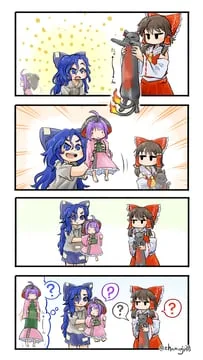hakurei reimu, kaenbyou rin, kaenbyou rin (cat), sukuna shinmyoumaru, yorigami shion (touhou) by chamaji